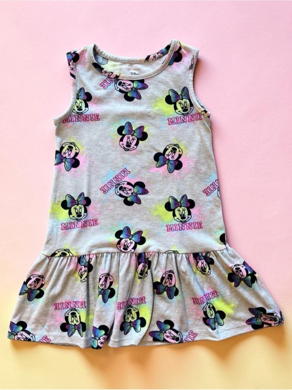 Disney Minnie Mouse Neon Print Dress Girls XS 4/5 Gray Sleeveless Ruffle Hem